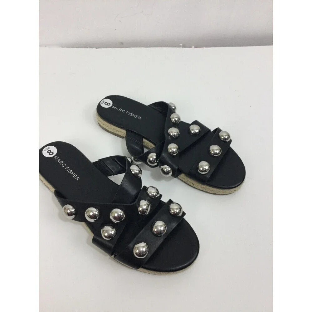 Marc Fisher Prisca Espadrille Silver Studded Slip On Slides Sandals Black Size 8